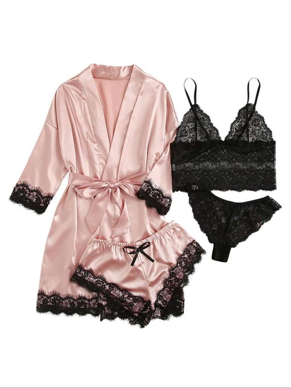 Women's  Contrast Lace Pyjama Set, Comfy Cozy Bra & Panty & Belted Robe & Elastic Waist Shorts Pj Set for Daily Home Wear,  Loungewear Set for Women