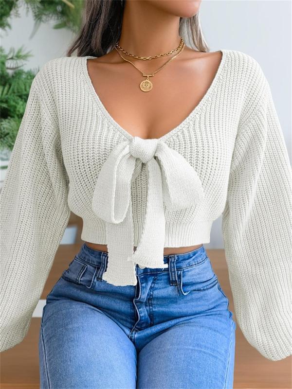 Women's Plain Bow Decor Tie Front Crop Sweater, Casual Bishop Sleeve V Neck Jumper for Fall & Winter, Women's Knitwear for Daily Wear