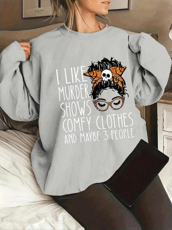  Cartoon Graphic Print Round Neck Sweatshirt, Casual Drop Shoulder Long Sleeve Pullover, Women's Clothing for Fall & Winter