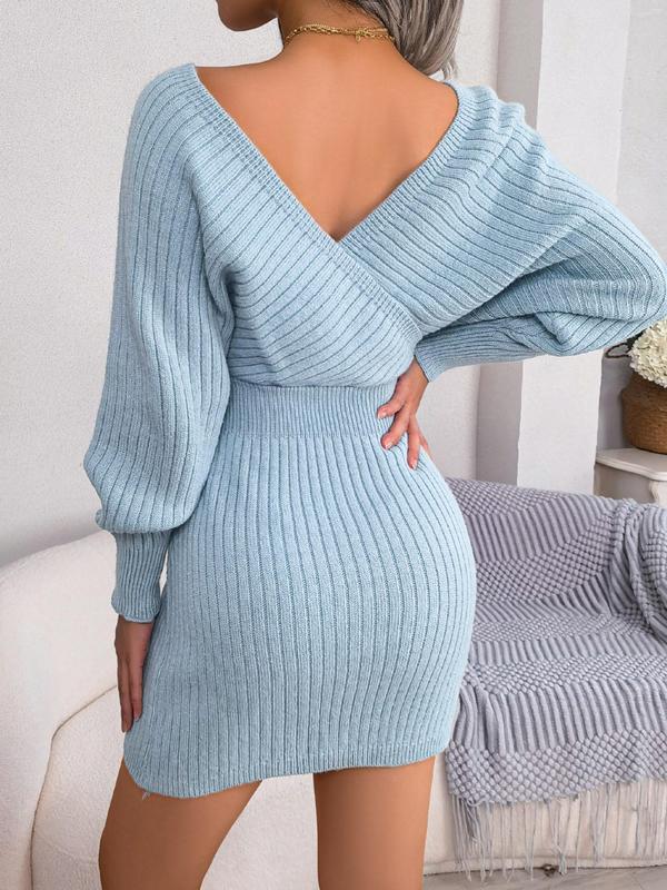 Women's Solid Color Basic Chic Plain Wrapped V Neck Leg-of-mutton Sleevesweater Dress, Comfort Casual Bodycon Fit Lady Minimalist Slim-fit Long Sleeve Bodycon Jumper Dress, Womenswear for Casual Wear