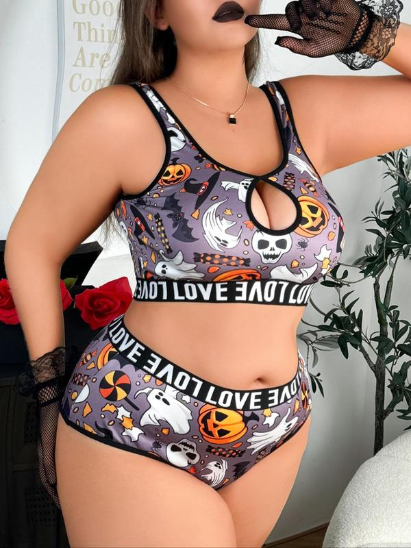  Two-Piece Set All Over Print Contrast Binding Bra & Panty, Sexy U Neck Wireless Bra & Panty, Women's Lingerie Set for All Seasons & Festival, Plus Size Fall Wear 2024 Bras For Plus Size