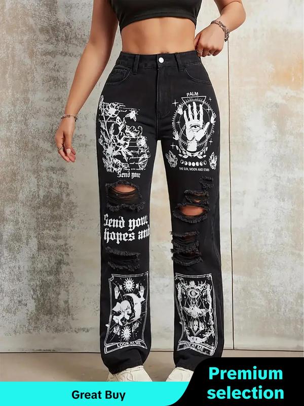 Women's Ripped Graphic Print High Waist Jeans, Fashion Pants Casual Pocket Button Straight Leg Denim Trousers for Daily Outdoor Wear, Women Denim for All Seasons, Jeans for Women, Downtown Girl Clothes