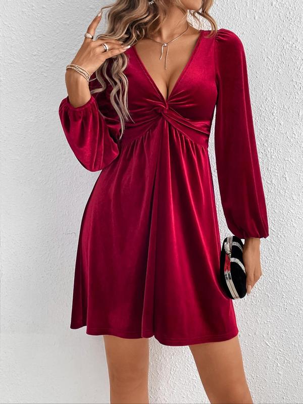 Women's Velvet Twist Front Bishop Sleeve Dress, Elegant Deep V Neck Long Sleeve A Line Short Dress for Party Holiday Wedding Guest, Ladies Fall & Winter Clothes