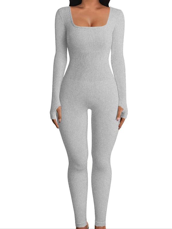 Women's Solid Long Sleeve Square Neck Jumpsuit, Basic Minimalist Ribbed Bodycon Jumpsuit, Summer Jumpsuits, Lady Clothes for Daily Wear