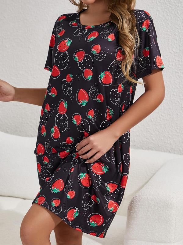 Women's Strawberry Print Round Neck Nightdress, Casual Soft Comfortable Short Sleeve Nightgown for Daily Home Wear, Ladies Sleepwear for All Seasons