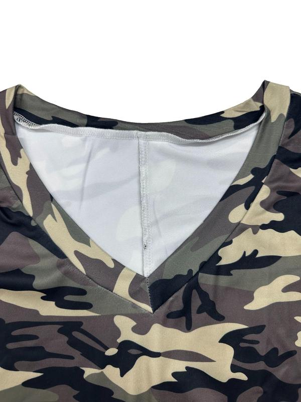 Plus Size Camo Print Pocket Tee Dress, Casual V Neck Batwing Sleeve Short Dress for Summer, Women's Plus Clothing for Daily Wear Moo Moo Dresses