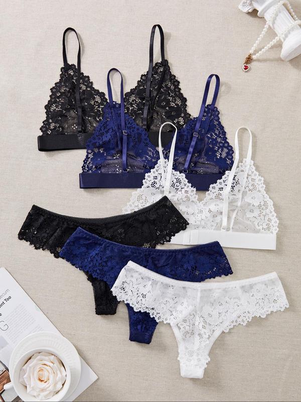 Women's Sheer Floral Lace Sexy Lingerie Set, Adjustable Strap Wireless Bra & Thong Set, Lingerie Set for Women