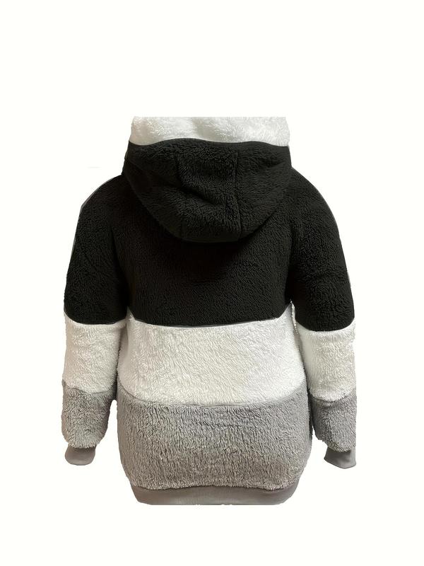 Plus Colorblock Zipper Drawstring Hooded Fuzzy Coat, Casual Long Sleeve Drop Shoulder Outerwear Winter Clothes Women, Winter Coat for Women, Women's Clothes for Daily Wear