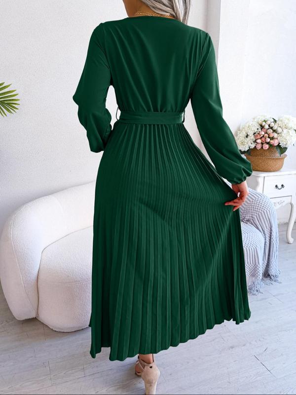 Women's Plain Wrap V Neck Belted Pleated Dress, Casual Bishop Sleeve A Line Long Dress for Beach Holiday Vacation, Ladies Clothes for All Seasons