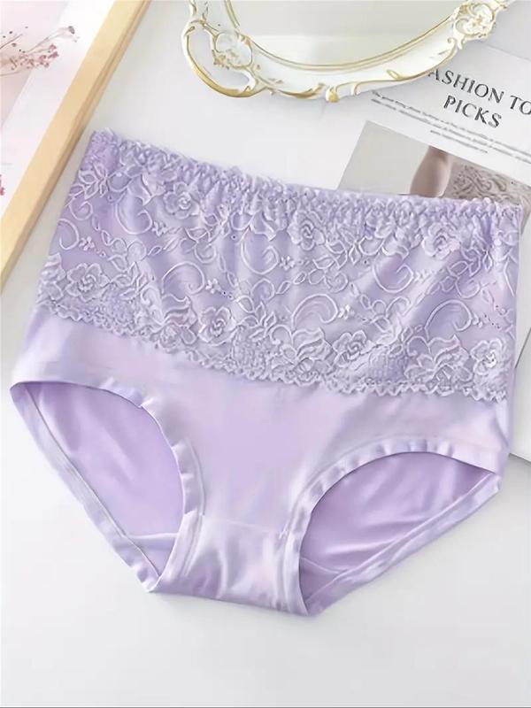  Contrast Floral Lace High Waist Panty, Soft Comfy Breathable Knicker for Daily Wear, Women's Underwear for All Seasons