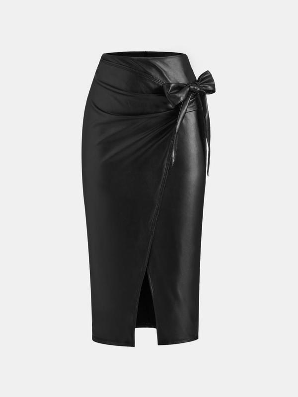 YOZY Women's Solid Ruched Wrap Tie Side PU Leather Skirt, Fashionable Split Hem Bodycon Skirt for Daily Outdoor Wear, Ladies Bottoms for All Seasons