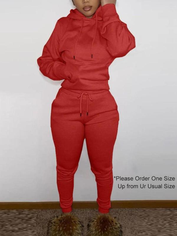 Women's Minimalist Solid Color Sweatsuit Set, Workout Set, Pocket Hooded Pullover Top & Drawstring Sweatpants, Fall Clothes, Mean Girls Outfit, Cozy Womenswear, Sweatshirt & Jogger Pants Clothes Set for Lady Back to School(Please Purchase A Size Up)