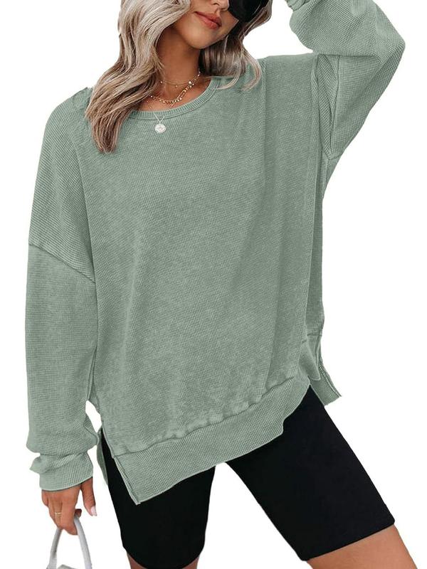 Women's Plain Split Hem Drop Shoulder Sweatshirt, Casual Long Sleeve Round Neck Pullover for Fall & Winter, Ladies Clothes for Daily Wear