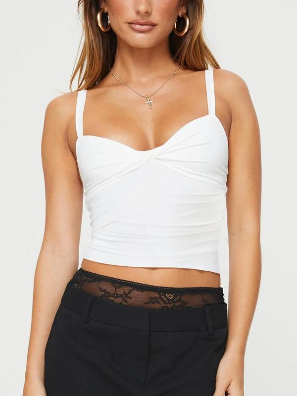 Women's Twist Ruched Crop Cami Top, Solid Spaghetti Strap Crop Top for Summer, Fashion Women's Top for Daily Wear 90s Clothes