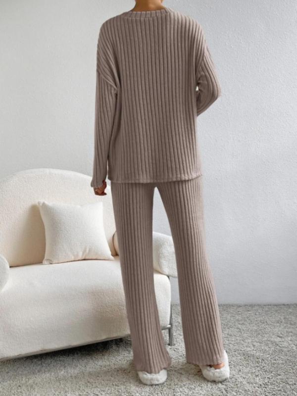 Women's Solid Ribbed Drop Shoulder Lounge Set, Casual Comfy Long Sleeve V Neck Top & Pocket Pants, Ladies Sleepwear for Fall & Winter