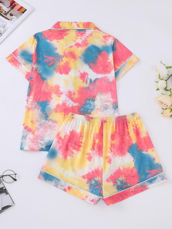 Women's Tie Dye Print Lapel Shirt & Elastic Waist Shorts Pyjama Set, Casual Button Front Short Sleeve Top & Shorts, Ladies Summer Sleepwear