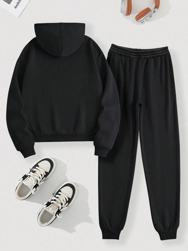  Two-Piece Set Pocket Drawstring Hoodie & Sweatpants Set, Casual Long Sleeve Hooded Sweatshirt & Jogger Pants, Women's Fall & Winter Clothes