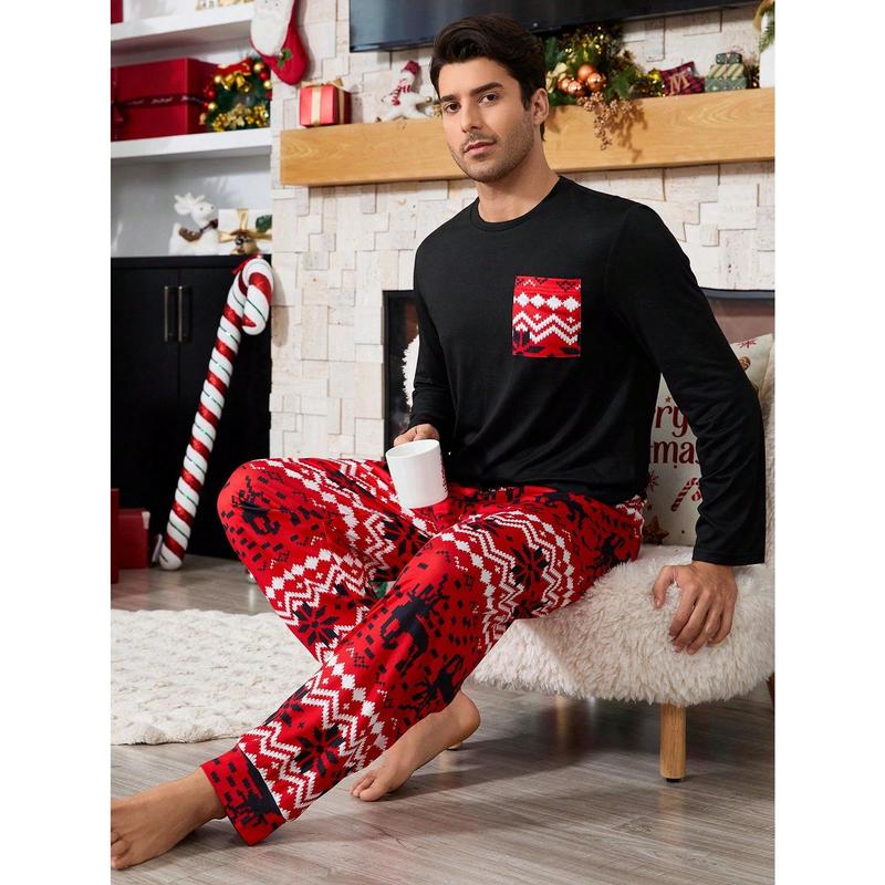 Shein CoupledUp Contrast Color Pocket Christmas Print Men Pajama Set Couple happy christmas matching christmas pajamas Wife family christmas pajamas Christmas Wife Fabric Long Sleeve Fabric Long Sleeve