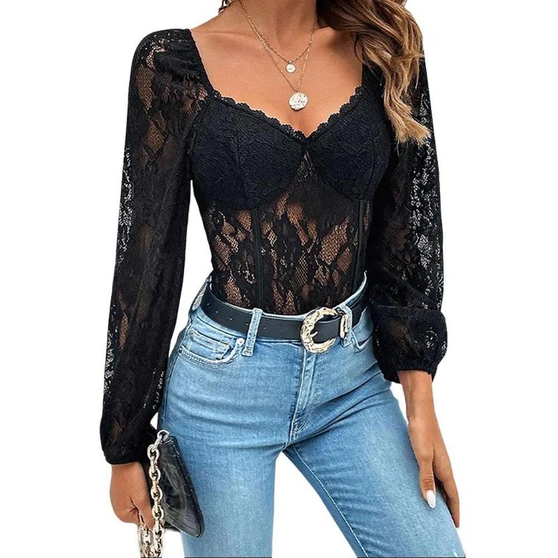 Lace Long Sleeve V Neck Bodysuit