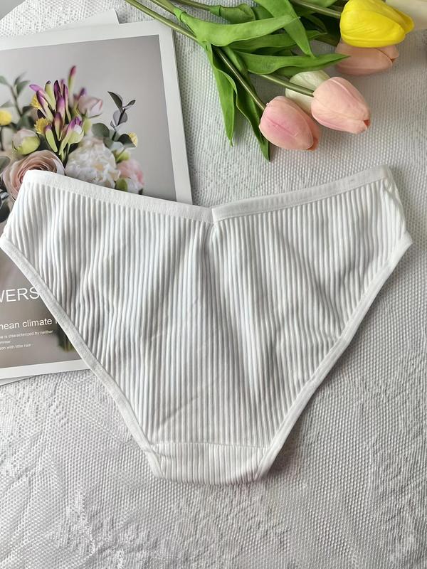 Women's Solid Color Ribbed Panty, Korean Style Wear, 4pcs Casual Comfy Breathable Letter Patched Knicker for Daily Wear, Panties for Women, Women's Underwear for All Seasons, Korean Streetwear, Underwear for Women