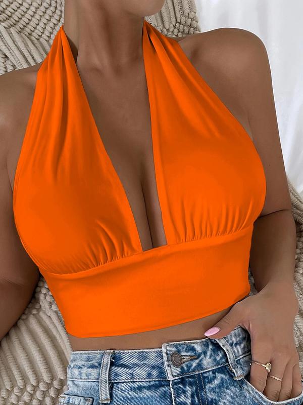 Women's Backless Tie Back Top, Casual Ruched Halter Neck Top, Summer Clothes Women, Ladies Clothes for Daily Wear