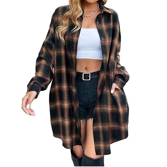 Blooming Jelly Women's Button Down Flannel Shirts Plaid Shacket Long Sleeve Collared Long Jacket Coats