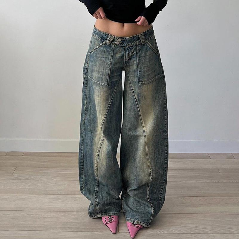 Women Vintage Denim Washed Jeans Pockets Low-Rise Baggy Full Length Pull-On Trousers, Ladies Clothes for Daily Wear Cotton Womenswear