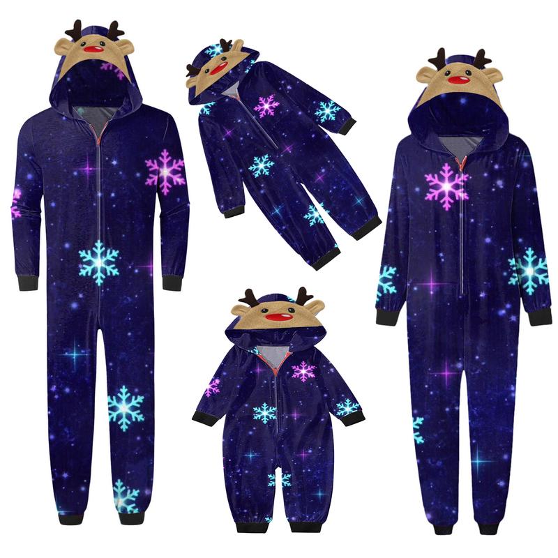 Matching Christmas Pajamas For Family, Long Sleeve Elk Christmas Tree Plaid Snowflake Print Hooded Jumpsuit Sleepwear