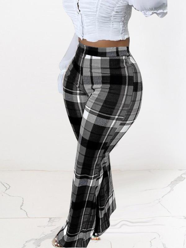 Women's Plaid Print Elastic Waist Flare Leg Pants, Casual Comfy Trousers for Fall & Winter, Comfy Pants, Women's Bottoms for Daily Wear, Downtown Girl Clothes