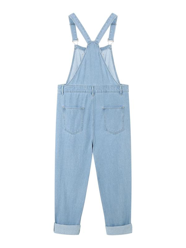  Solid Color Ripped Pocket Denim Overalls, Casual Fashionable Adjustable Strape Overalls Jumpsuit for Daily Wear, Women's Clothing for Summer