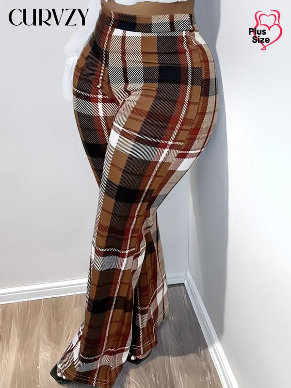 CURVZY Plus Size Plaid Print Flare Leg Pants, Casual Comfy Bell Bottom Trousers for Daily Wear, Women's Bottoms for Spring & Fall