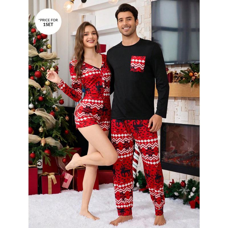 Shein CoupledUp Contrast Color Pocket Christmas Print Men Pajama Set Couple happy christmas matching christmas pajamas Wife family christmas pajamas Christmas Wife Fabric Long Sleeve Fabric Long Sleeve