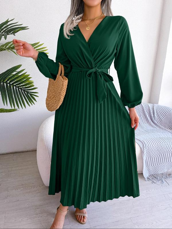 Women's Plain Wrap V Neck Belted Pleated Dress, Casual Bishop Sleeve A Line Long Dress for Beach Holiday Vacation, Ladies Clothes for All Seasons