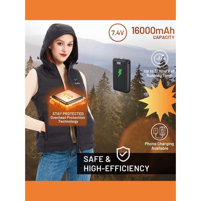 Women's Heated Hooded Vest-7.4V 16000mah Battery Pack, Detachable Heated Hooded, Lightweight Slim-Fit Women's Heated Vest