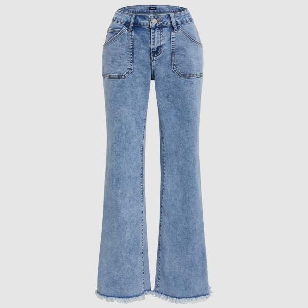 Wash Raw Hem Flap Pocket Wide Leg Low Rise Jeans