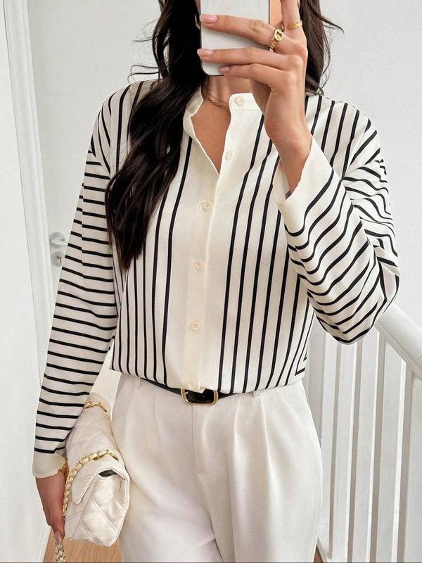 Women's Striped Print Button Front Blouse, Casual Drop Shoulder Long Sleeve Top for Spring & Fall, Women's Clothing for Daily Wear