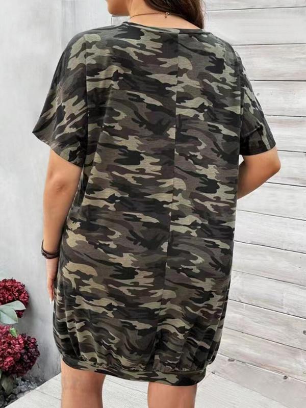 Plus Size Camo Print Pocket Tee Dress, Casual V Neck Batwing Sleeve Short Dress for Summer, Women's Plus Clothing for Daily Wear Moo Moo Dresses