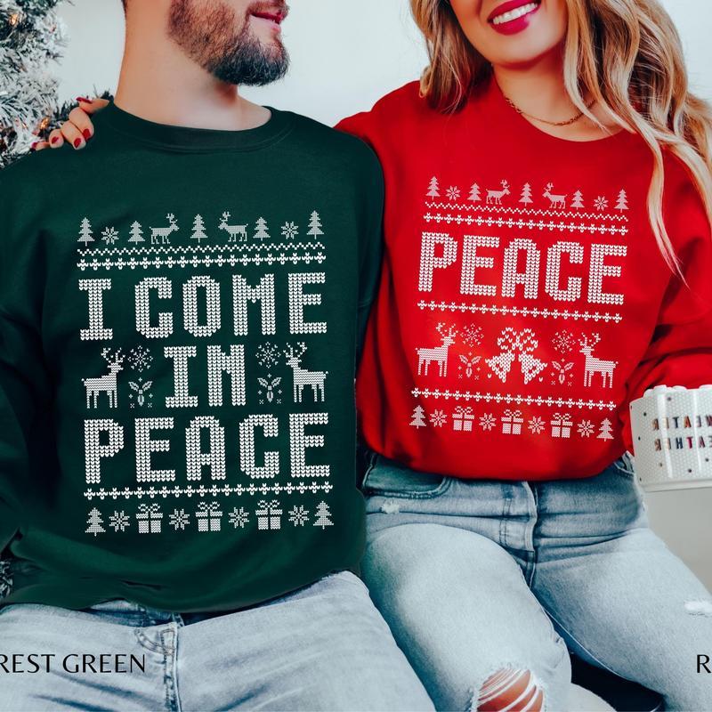 Matching Couples Ugly Christmas Sweatshirts, Funny Couple Ugly Christmas Sweatshirt, I Come In Peace Shirt