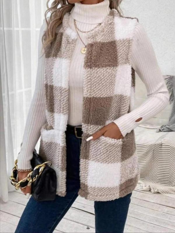 Women's Plaid Print Pocket Open Front Vest Coat, Casual Sleeveless Outerwear for Winter, Ladies Clothes for Daily Wear