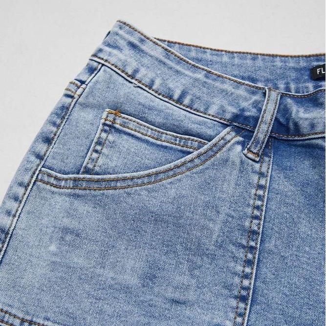 Wash Raw Hem Flap Pocket Wide Leg Low Rise Jeans