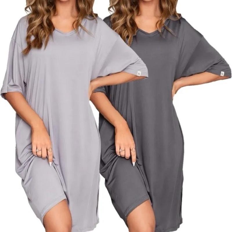 2-Pack Women Nightgowns Short Sleeve Dark & Light Grey Gray Oversized loungewear silky jersey material Dress nightwear silky