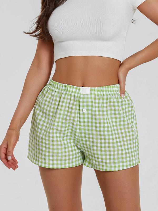 Women's Plaid Print Button Patched Straight Leg Shorts, Casual Comfy Elastic Waist Shorts for Summer, Fashion Women's Bottoms for Daily Wear, Gym Shorts Womenswear