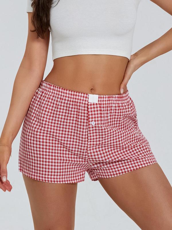 Women's Plaid Print Button Patched Straight Leg Shorts, Casual Comfy Elastic Waist Shorts for Summer, Fashion Women's Bottoms for Daily Wear, Gym Shorts Womenswear