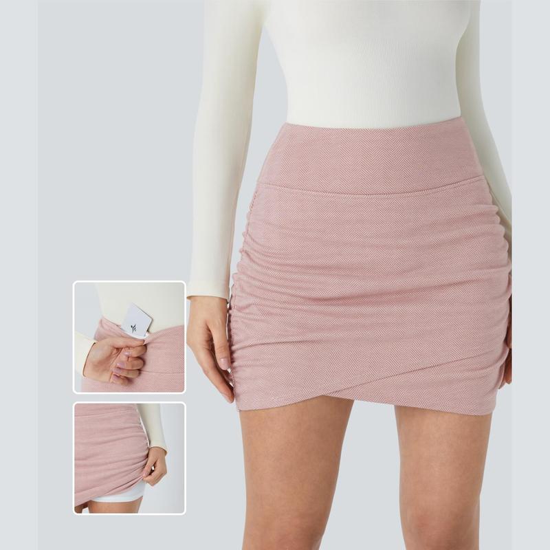 Halara High Waisted Back Pocket Bodycon Ruched 2-in-1 Herringbone Mini Casual Skirt