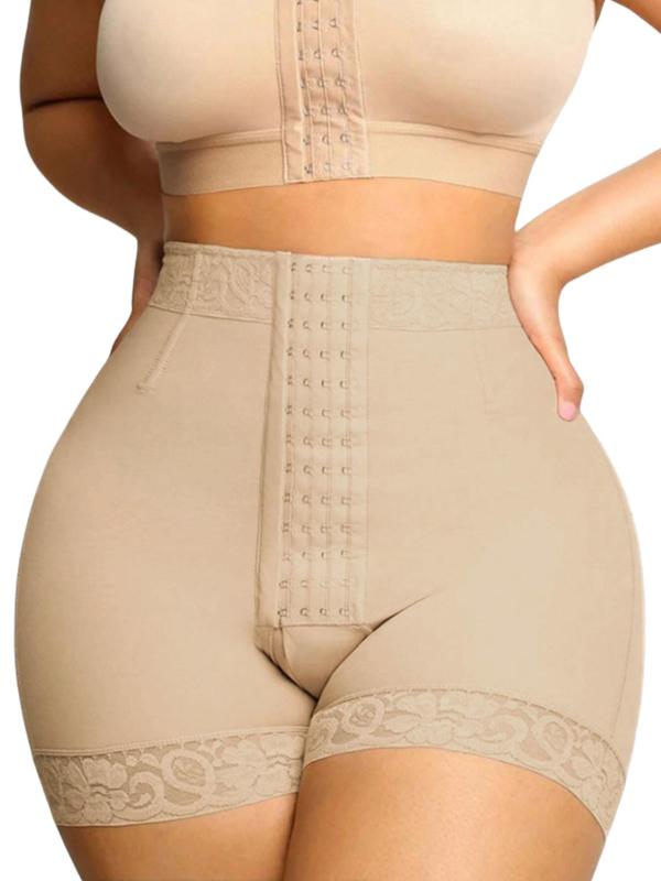 Women's High Waist Contrast Lace Hook & Eye Front Shapewear Shorts, Tummy Control Butt Lifting Shaper, High Stretch Shapewear Bottoms for Daily Wear