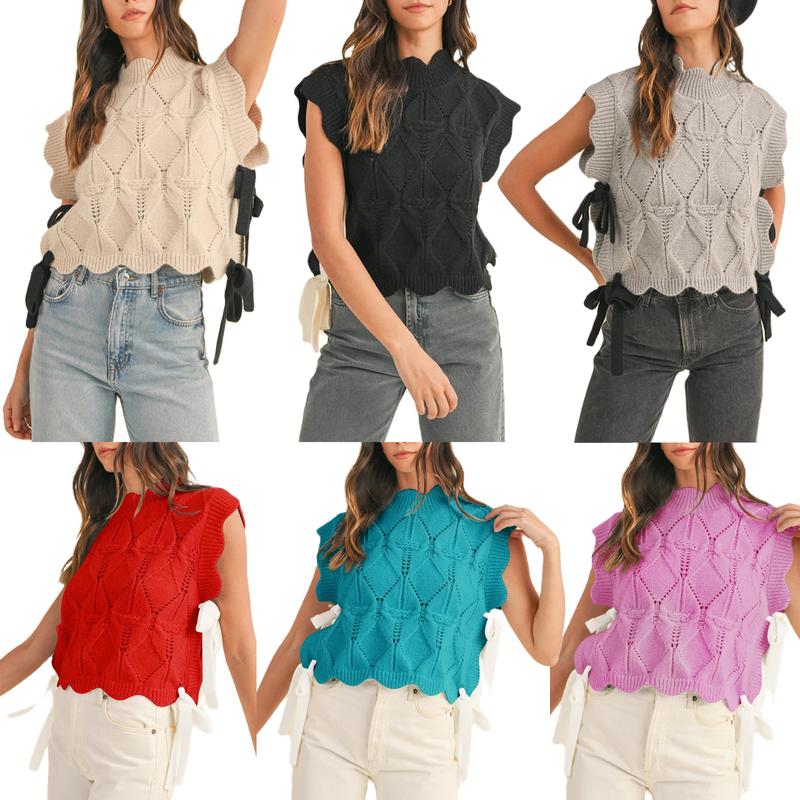 Women Y2k Bow Knot Cap Sleeve Knit Sweater Top Lace up Ribbon Crochet Sweater Vest Preppy Girl Mock Neck Knitted Tank Tops