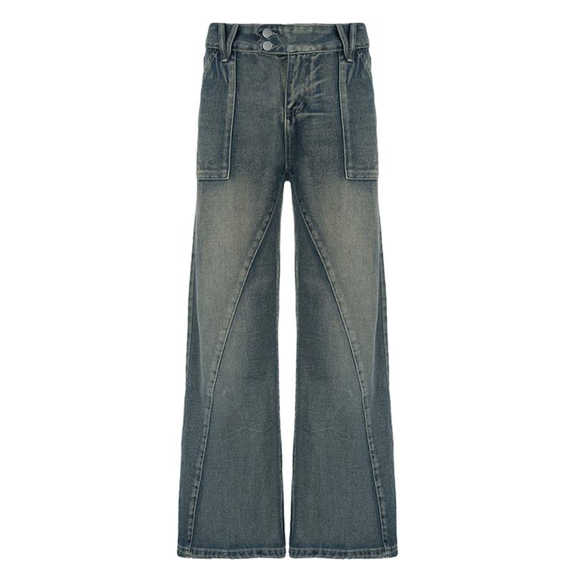 Women Vintage Denim Washed Jeans Pockets Low-Rise Baggy Full Length Pull-On Trousers, Ladies Clothes for Daily Wear Cotton Womenswear