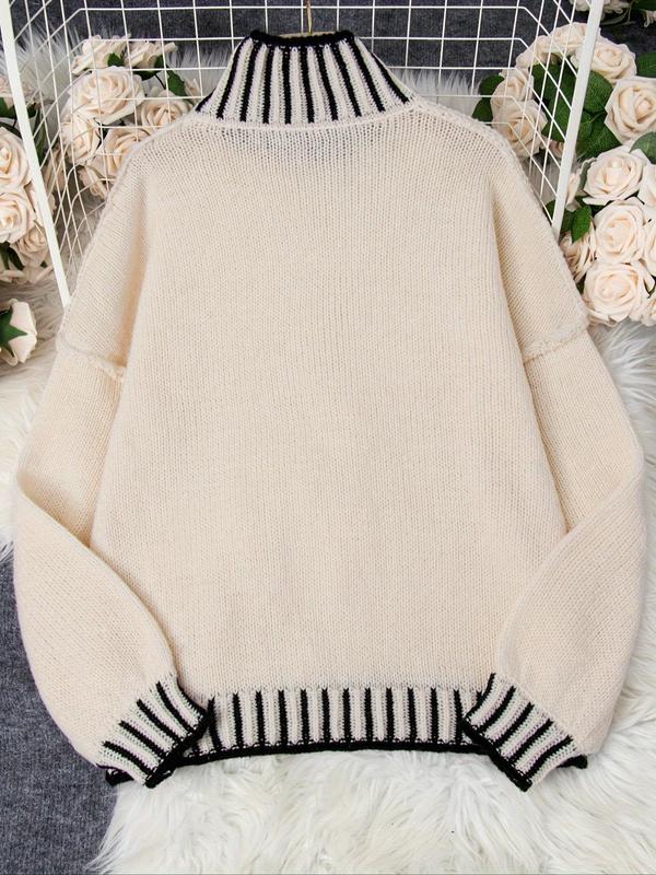 Women's Contrast Binding Drop Shoulder Sweater, Casual Long Sleeve Mock Neck Jumper for Fall & Winter, Women's Knitwear for Daily Wear