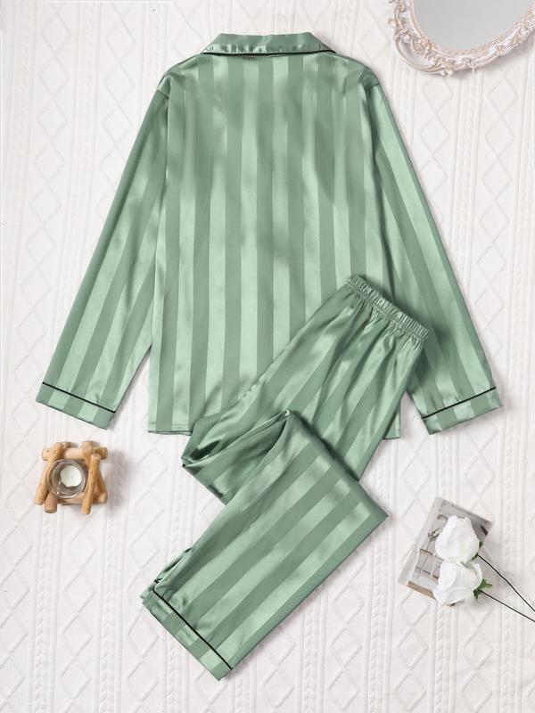 Two-Piece Set Women's Striped Print Button Front Pocket Shirt & Elastic Waist Pants Satin Pyjama, Long Sleeve Lapel Top & Trousers PJ Set, Women's Sleepwear for All Seasons