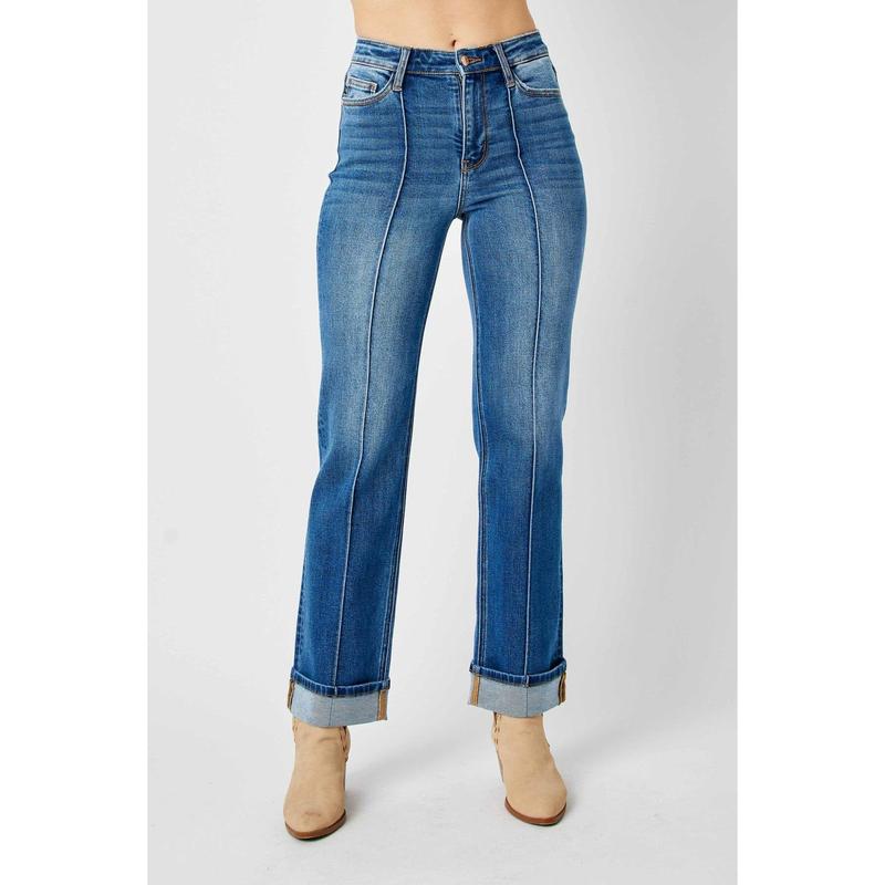 JUDY BLUE HI WAIST FRONT SEAM DETAIL & CUFFED STRAIGHT LEG JEANS